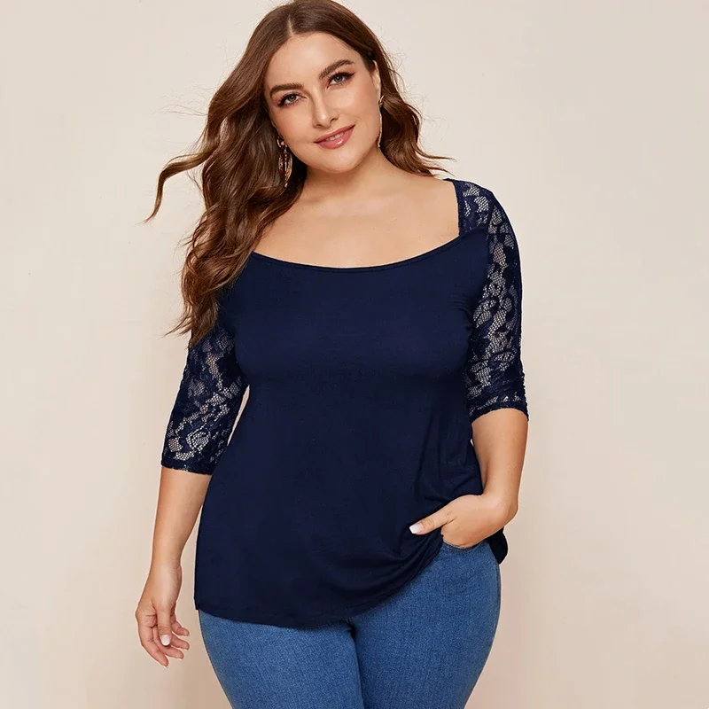 

Plus Size Sexy Elegant Fashion Lace Top Women Half Sleeve Solid Blue Summer Spring Sheath A-line T-shirt Blouse 5XL 6XL 7XL 8XL