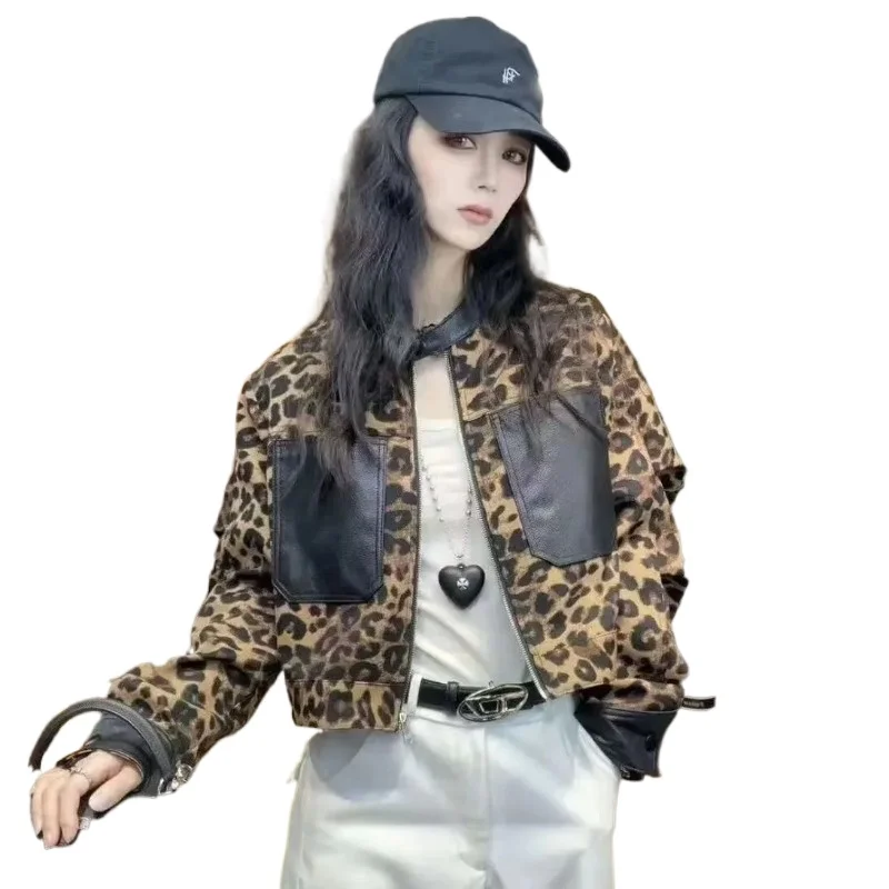 Vintage PU Leather Patchwork Jacket Leopard Print Bomber Jacket Women Zip Short Coat Spring Autumn Pocket Tops Outerwear Trend
