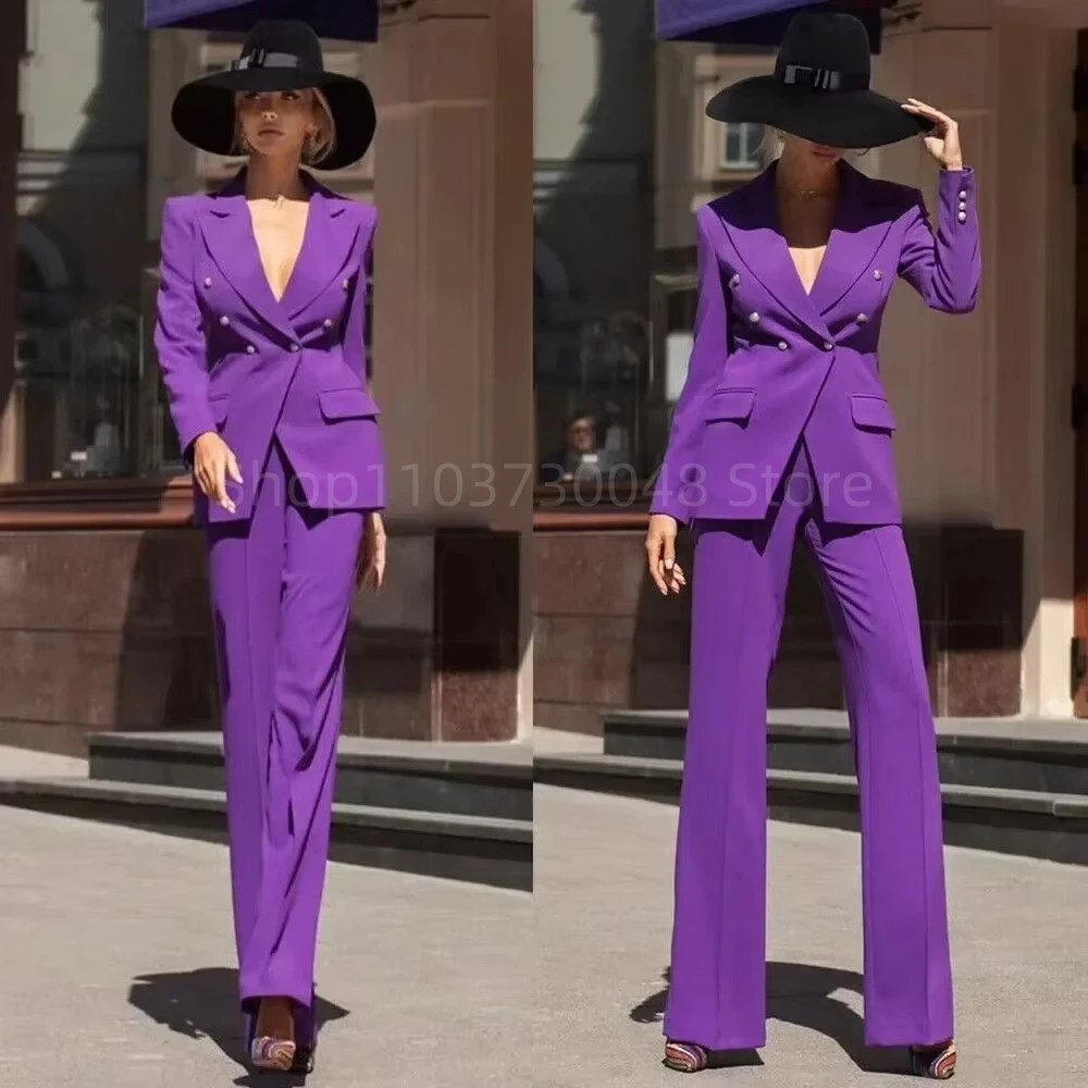 

Purple Double Breasted Blazer Women Pants Suit 2 Pieces Jacket and Trousers Slim Fir Lady Set Formal Evening Party Dress