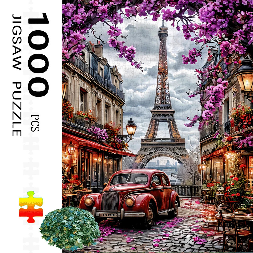 1000pcs Paris Eiffel Tower Street View Jigsaw Puzzle with Retro Red Cars & Floral French Streetscape - Challenging Large-Scale