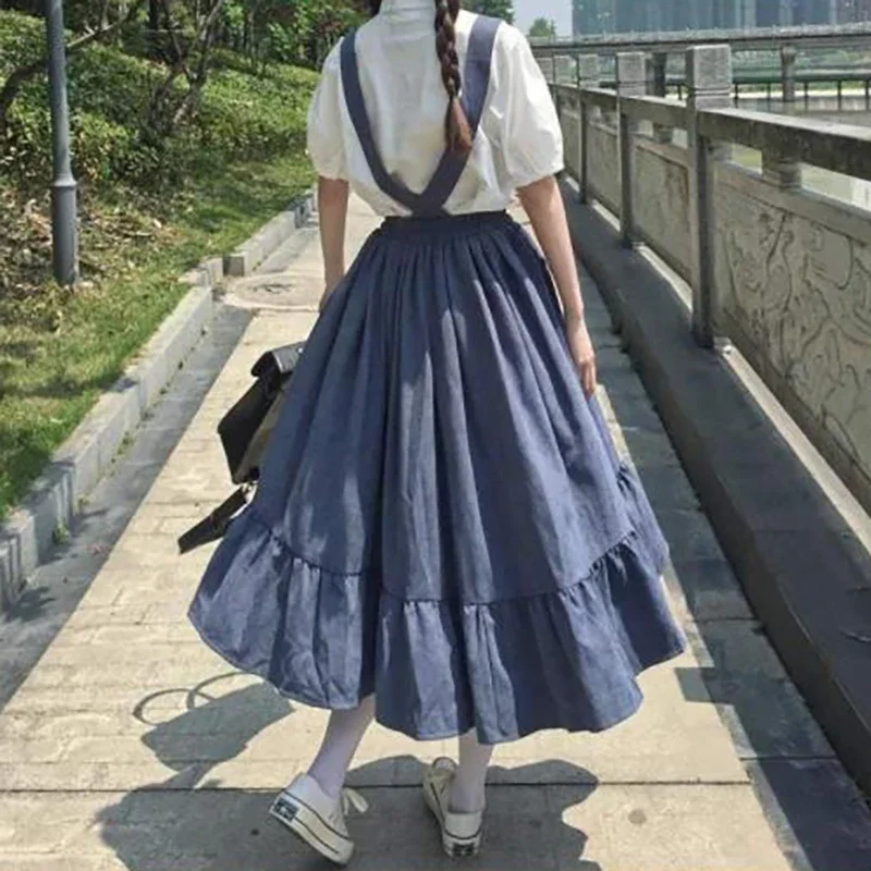 Women Sweet Strap Long Skirts Ruffles Loose Cute Student Casual Skirts Fashion Streetwear Female Suspender Skirts 2023