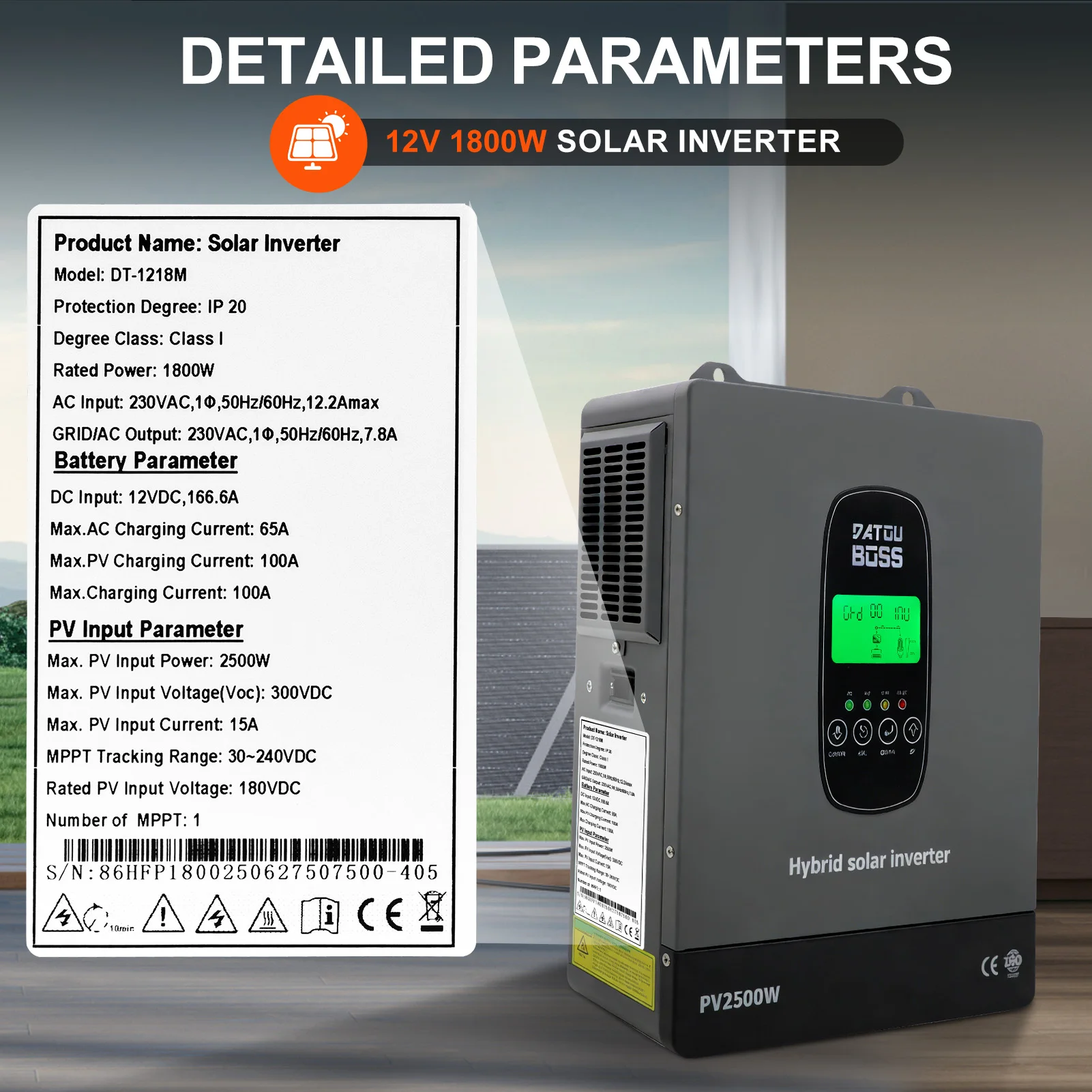DATOUBOSS 1800W 12V-230V Solar Hybride Omvormer Ingebouwde MPPT Batterijloos Voor Huis, Camper, Off-Grid Systeem