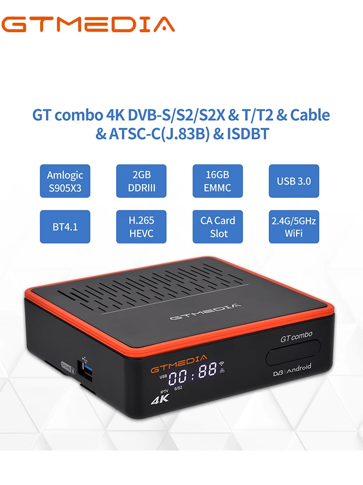 GTMEDIA GT COMBO récepteur Satellite 4k UHD Android 9.0 TV BOX DVB-S2/T2/Câble/ISDB-T, 2.4G/5G WIFI, prise en charge CCAM/M3U Home cinéma