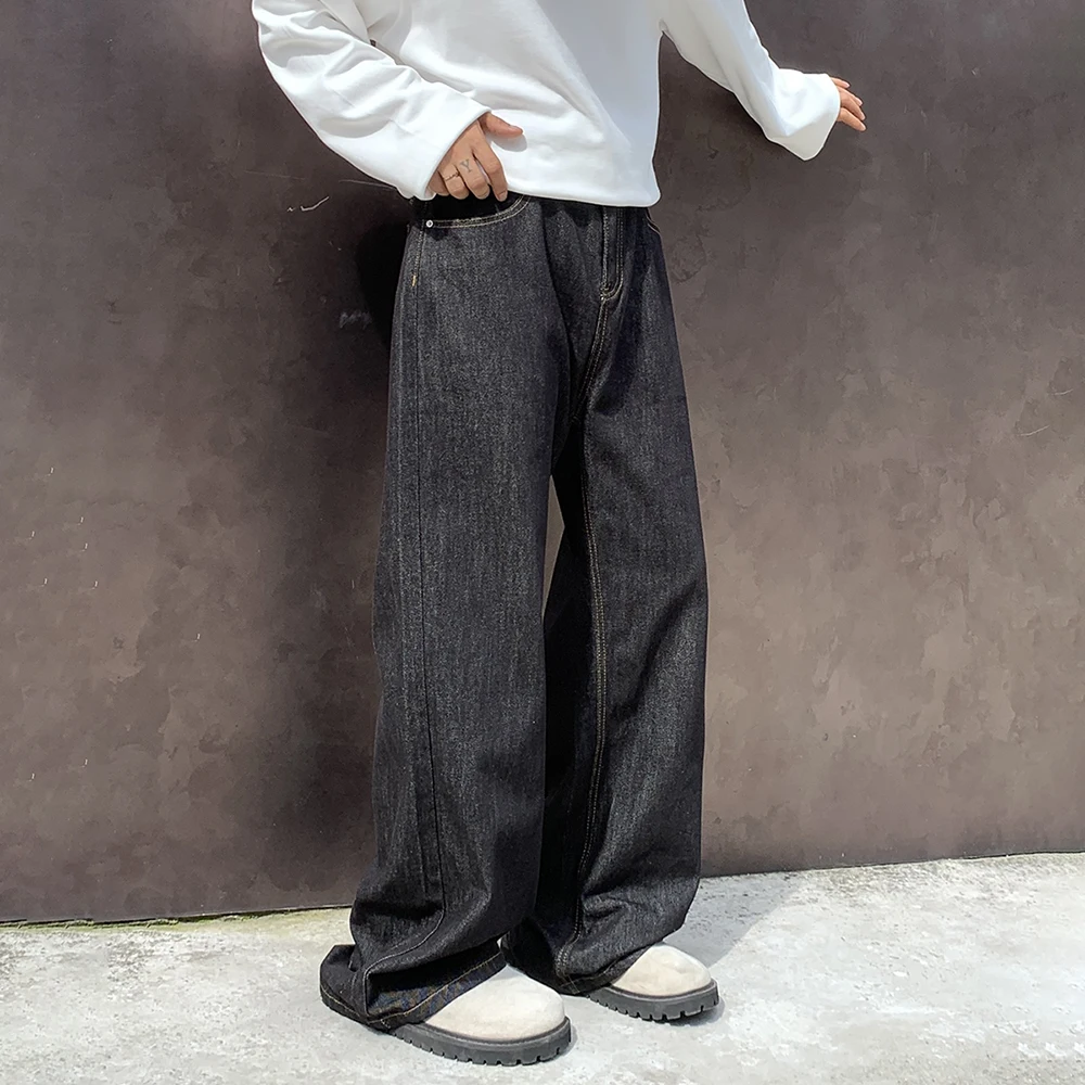 อเมริกันฮิปฮอปกางเกงยีนส์หลวมสีกรมท่าสีน้ำเงิน DENIM ขาตรงกางเกงขากว้างแฟชั่นฮิปฮอปสตรีทแวร์กางเกงยูนิเซ็กซ์