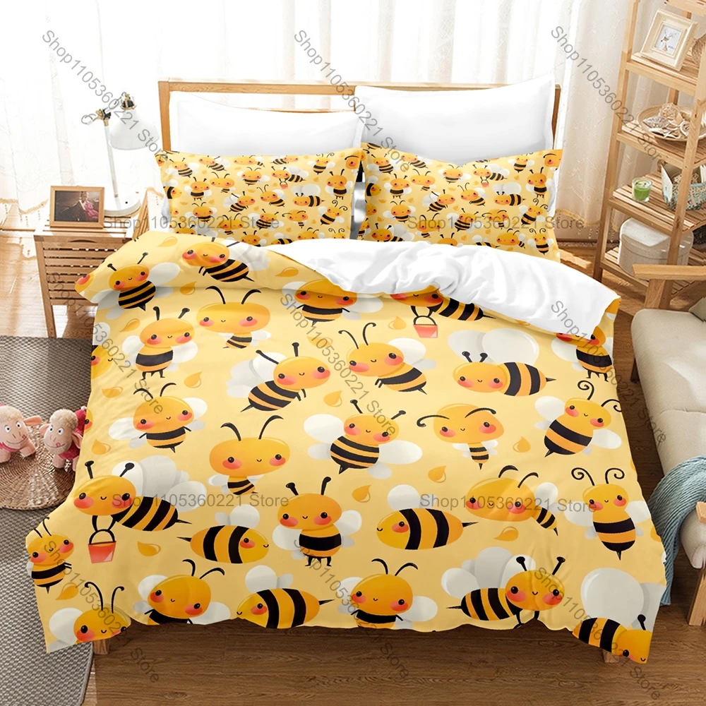 Lovely Honey Bee Pattern 3-Piece Bed Set Comfortable Lightweight Duvet Cover Pillow Shams Cartoon Animal Design Bedding Bedroom