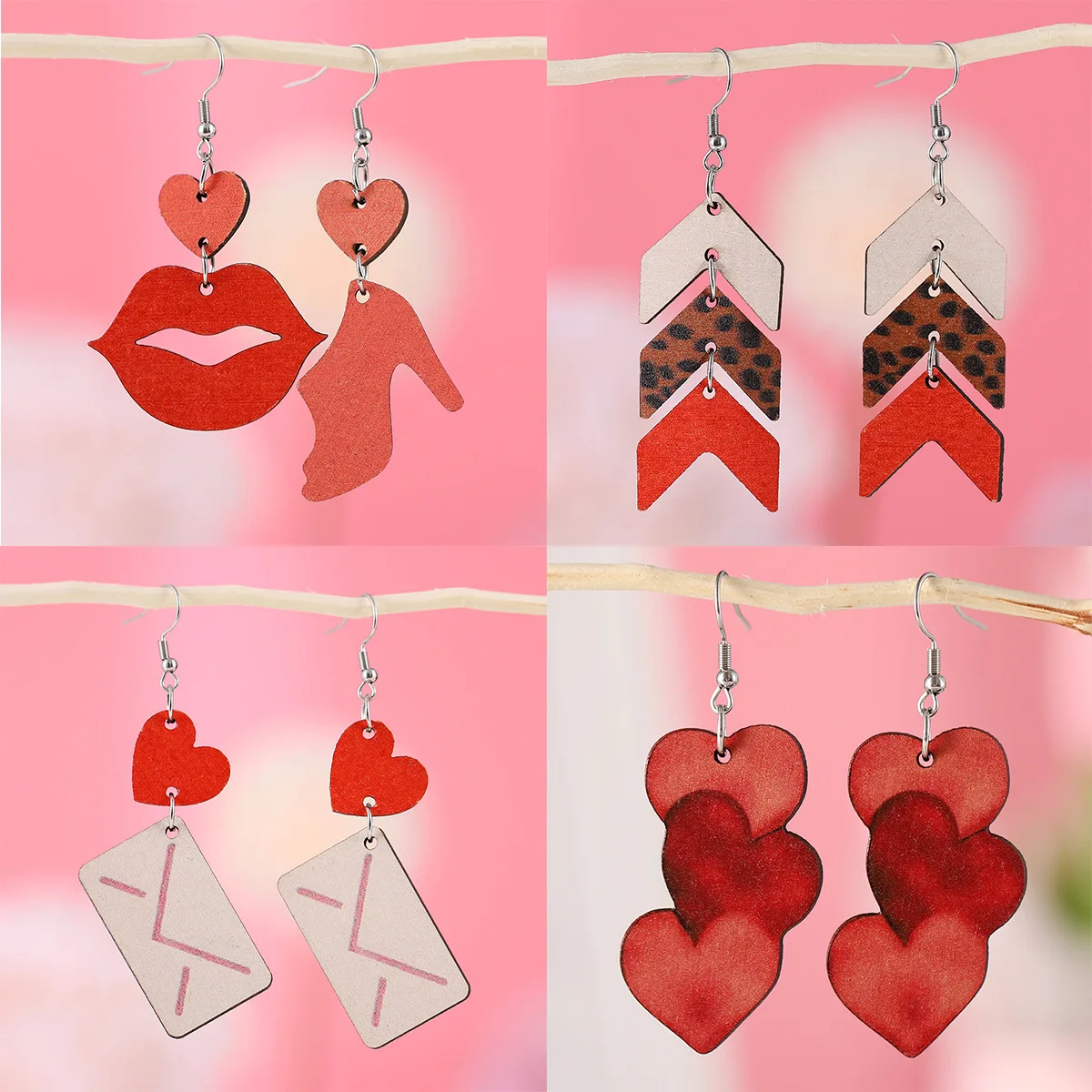 new Valentine's Day love lips high heels arrow envelope pendant earrings wooden double-sided ear jewelry