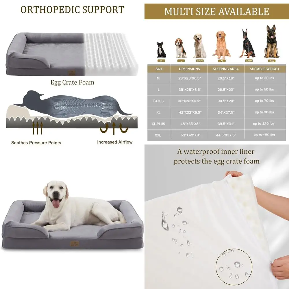 

Ортопедическая лежанка XL для собак с съемным чехлом и нескользящим основанием, подходит для крупных собак, серого цвета