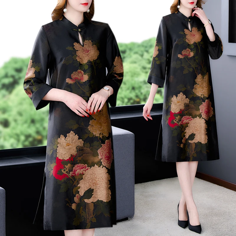 Women Black Korean Vintage Casual Midi Dress Spring Summer Floral Natural Silk Satin Dress 2024 Elegant Bodycon Evening Dress