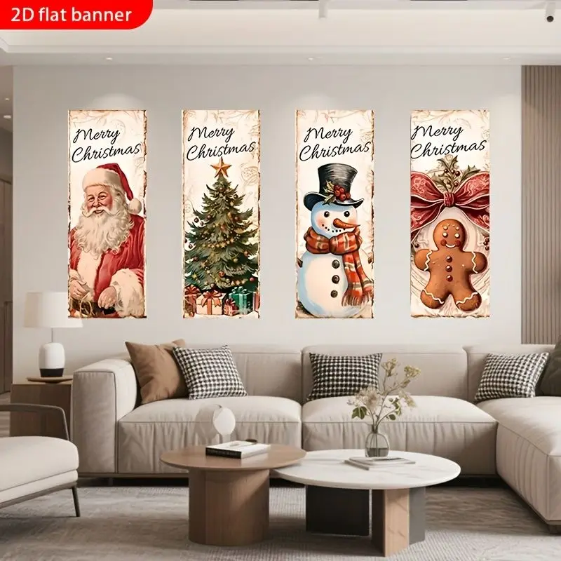 VIKAMA Wall Decor for Living Room Christmas, 4 Pc Retro Flat Banner Santa Snowman Gingerbread Tree, Holiday Wall Art
