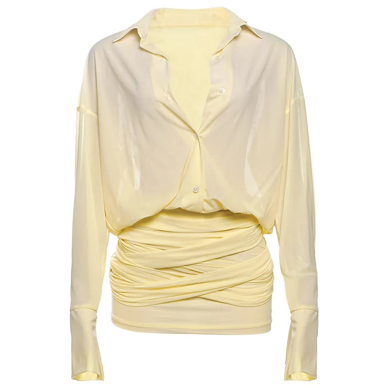 Mini camicie aderenti con lacci tinta unita moda donna Abito colletto rovesciato Manica lunga monopetto Abiti da vacanza a vita bassa