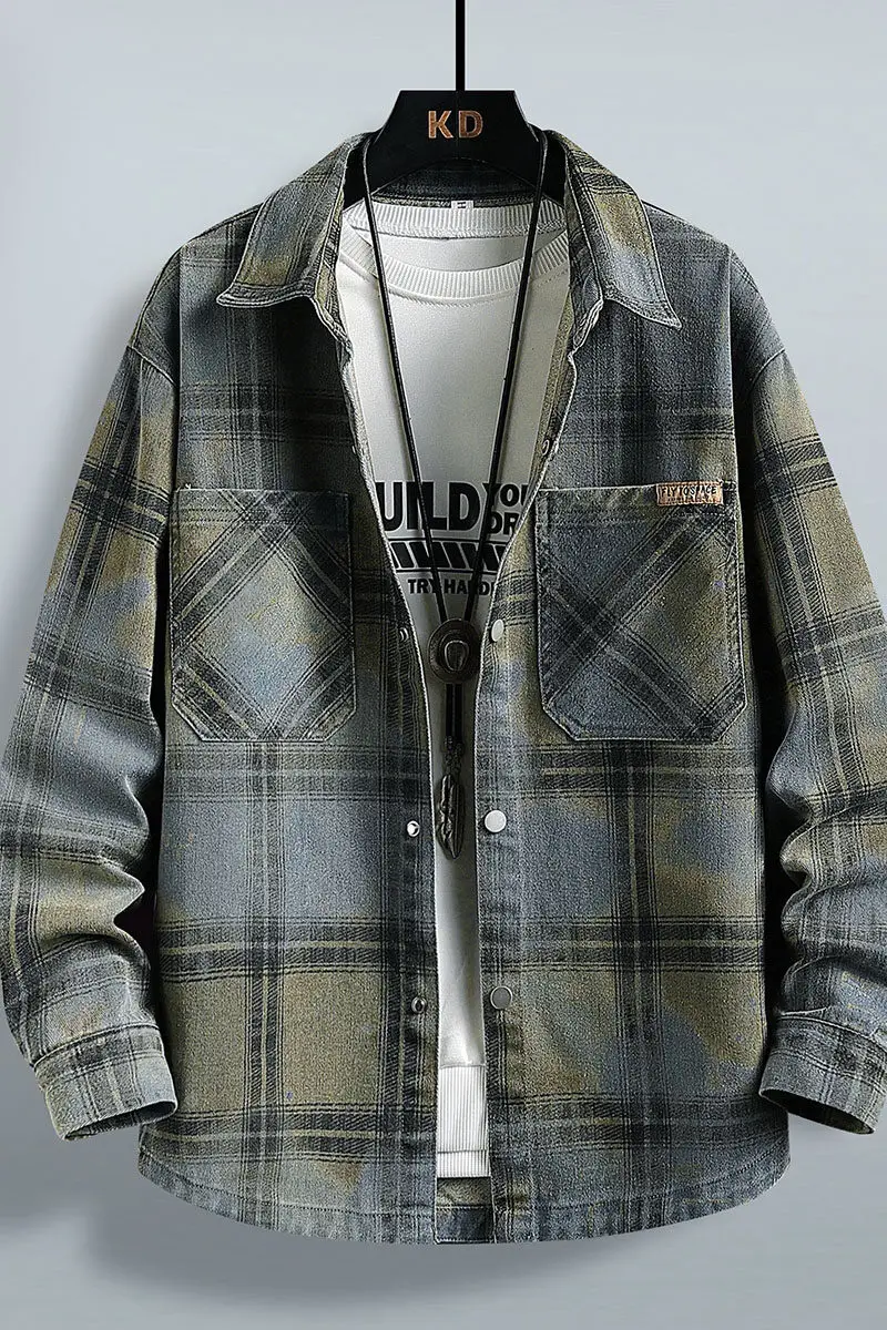 Camisa casual de mangas compridas masculina de alta qualidade padrão de grade jaqueta jeans 2025 primavera outono nova chegada camisas de moda masculina