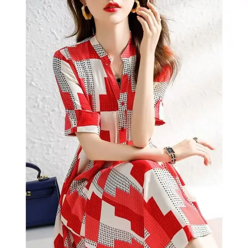 Vestido camisero a cuadros de moda para mujer Primavera Verano suelto manga corta gasa vestido largo por debajo de la rodilla verde rojo