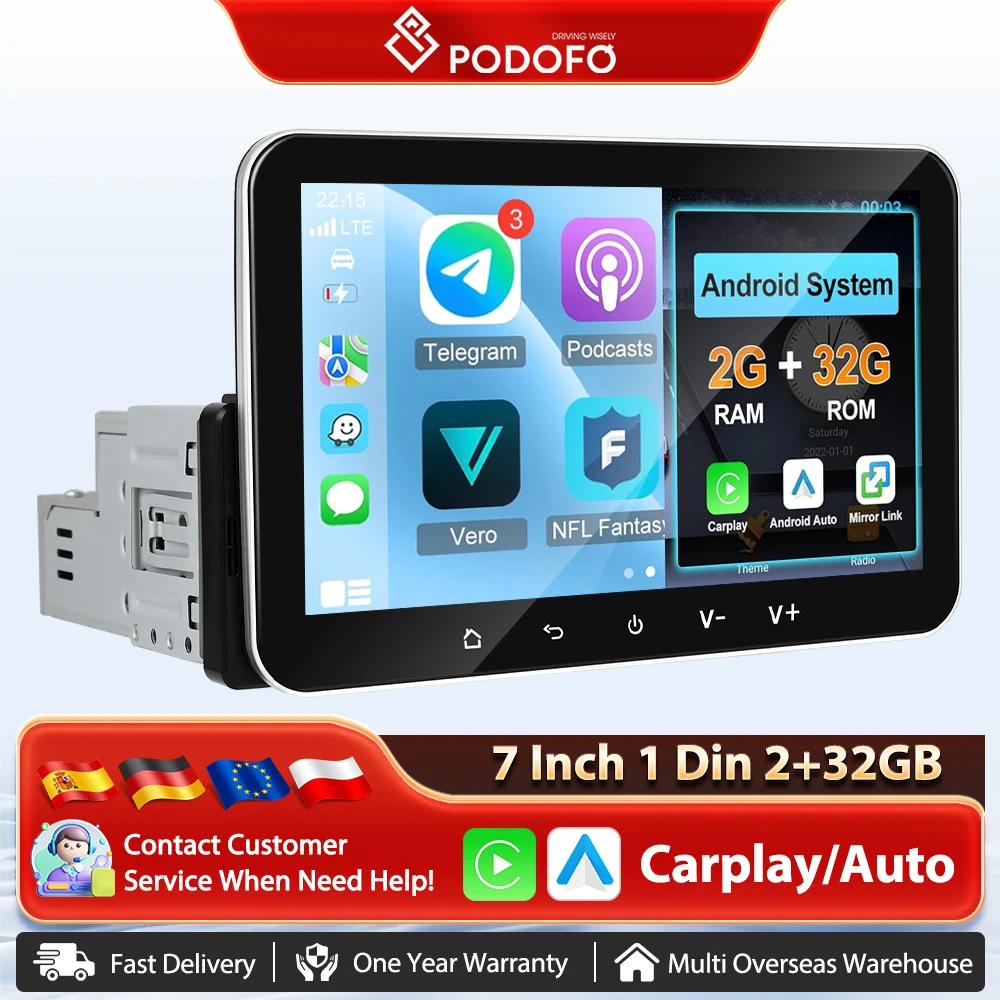 Podofo 7'' Android Wireless Carplay Car Stereo Radio GPS Navigation Android Auto Car Multimedia Player BT WIFI 1 Din Car Radio