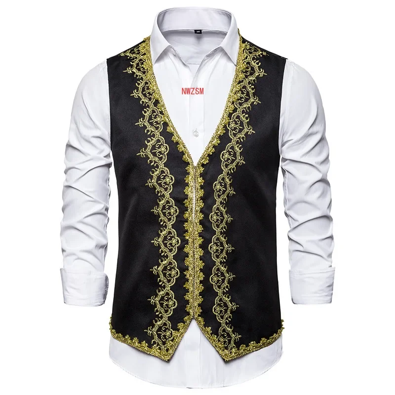 Stylish Gold Embroidery Baroque Vest Men Slim Fit Palace Prince Black Vest Waistcoat Men Stage Prom Drama Opera Costume Gilet