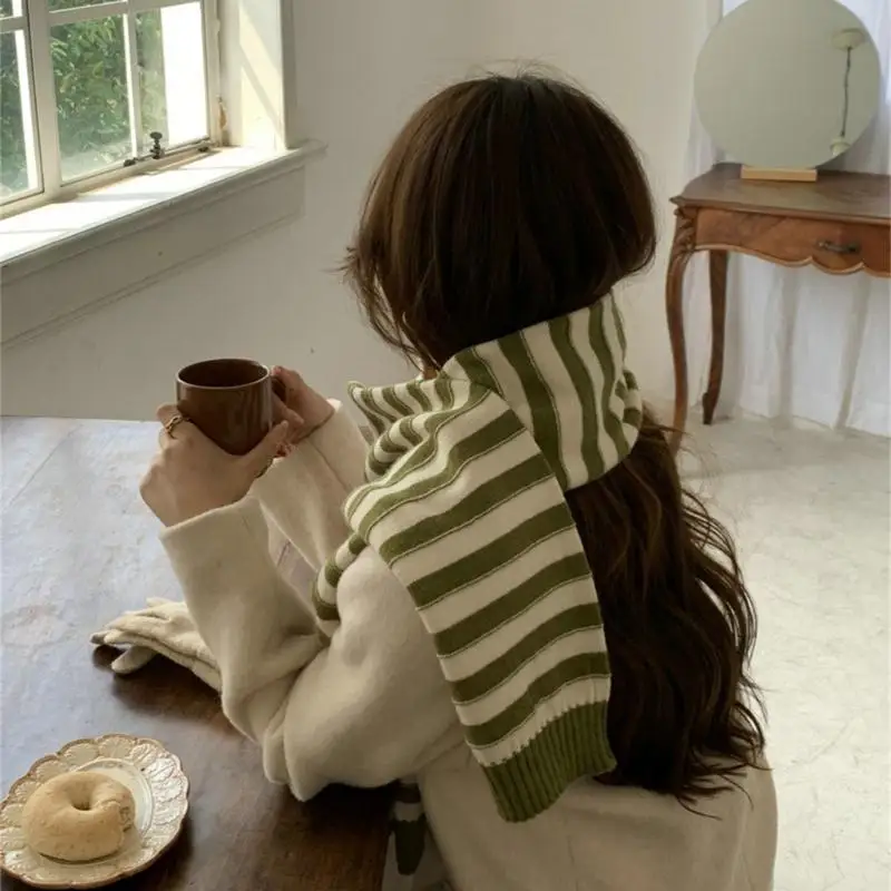 

652F Womens Striped Scarf Stylish Soft Collar Neck Wrap Lady Thicken Winter Neck Warmer Sleeve Knitted Thicken Scarf