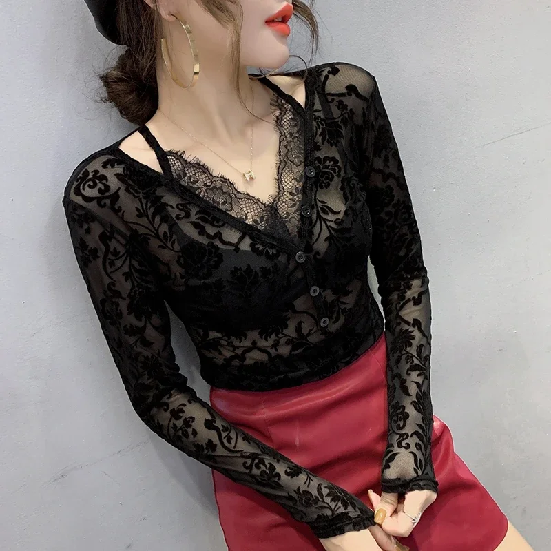 Oversized Hollow Out Lace Blouses Women 2024 Fashion Long Sleeve Sexy Ladies Tops Transparent Casual Black V Neck Blusas Mujer