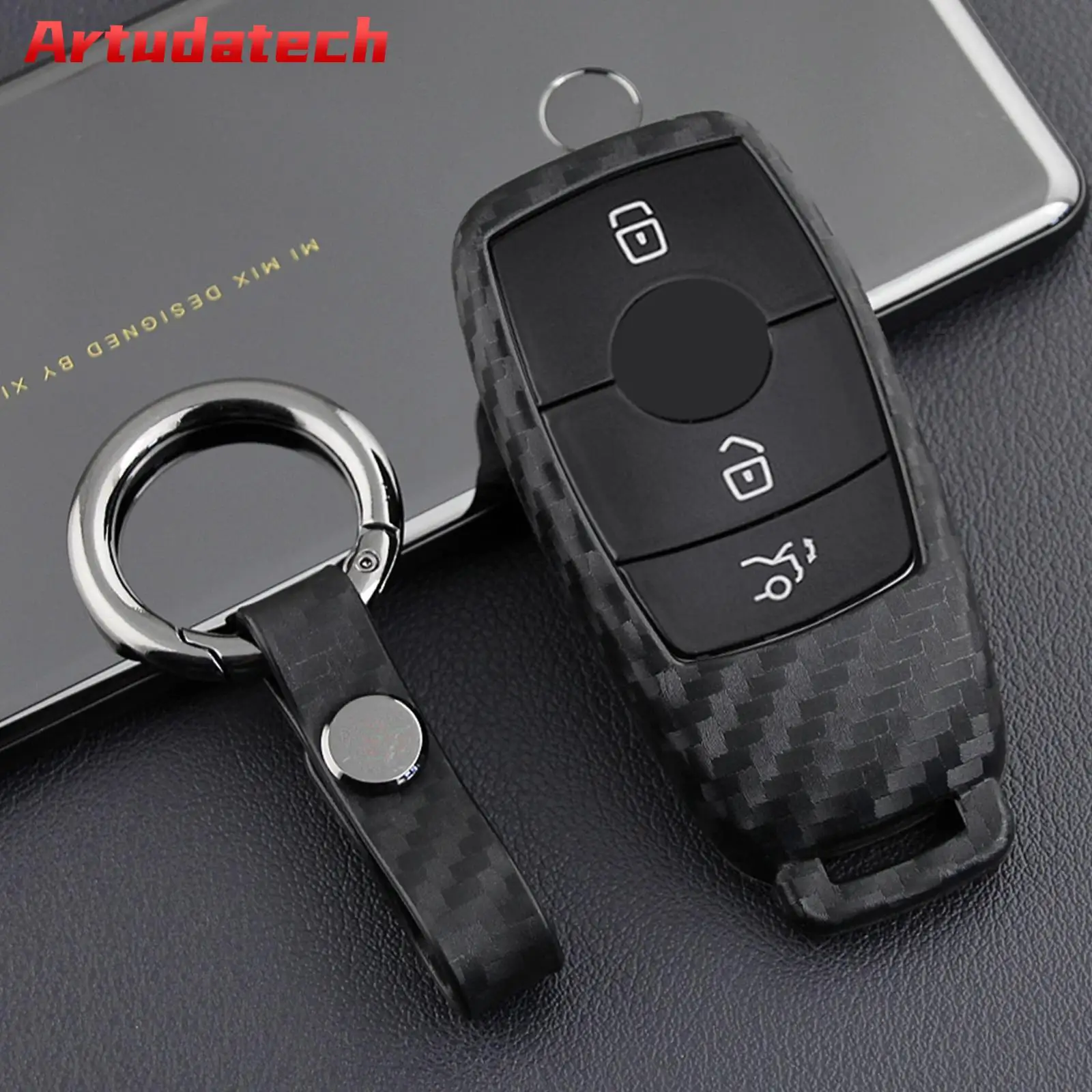 

Artudatech Leather Silicone Car Key Case Cover With Buckle For Mercedes-Benz E No Key Included