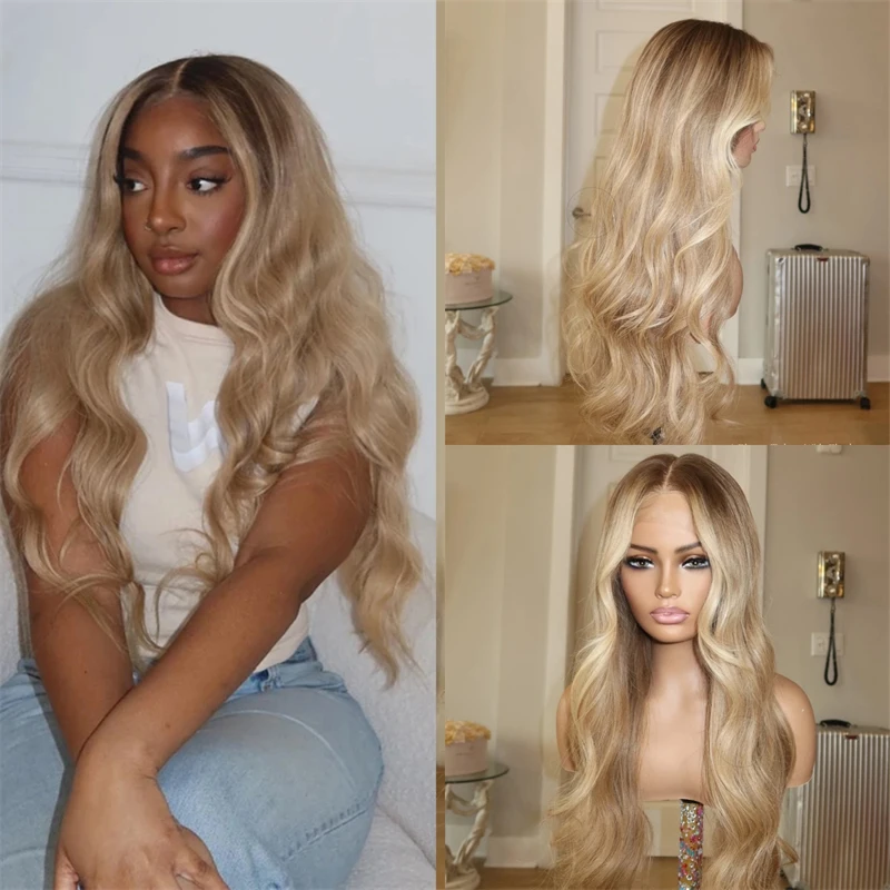 

Ombre Blonde Синтетический HD Парик Фронта Шнурка с Темными Корнями Реалистичный Парик Линии Волос Высокая Плотность Для Женщин Косплей Ежедневная Вечеринка Использование