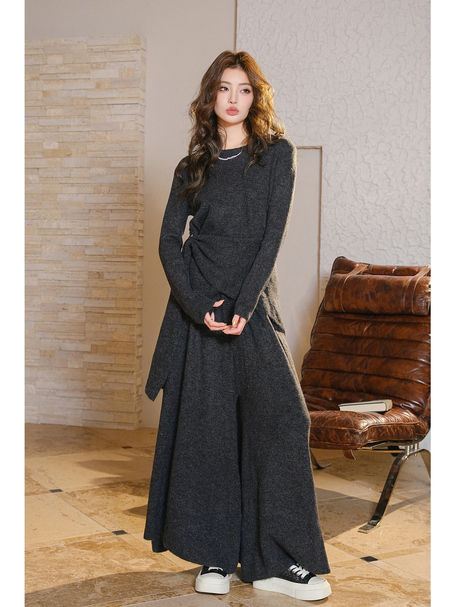 

MIUCO Luxury Knitted Set Waist-Cinching Belted High-Waisted Wide-Leg Pants Skirt Two-Piece Set Elegant Classic Style Winter F...