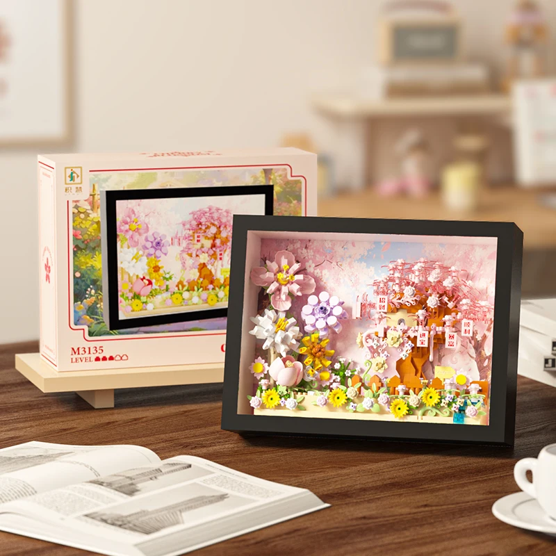 MOC Creatieve Bloemen 3D Frame Bouwstenen Set, DIY Bloemenpuzzel met Achterwand, Wand- & Bureaudecoratie Cadeau voor Meisjes & Kinderen