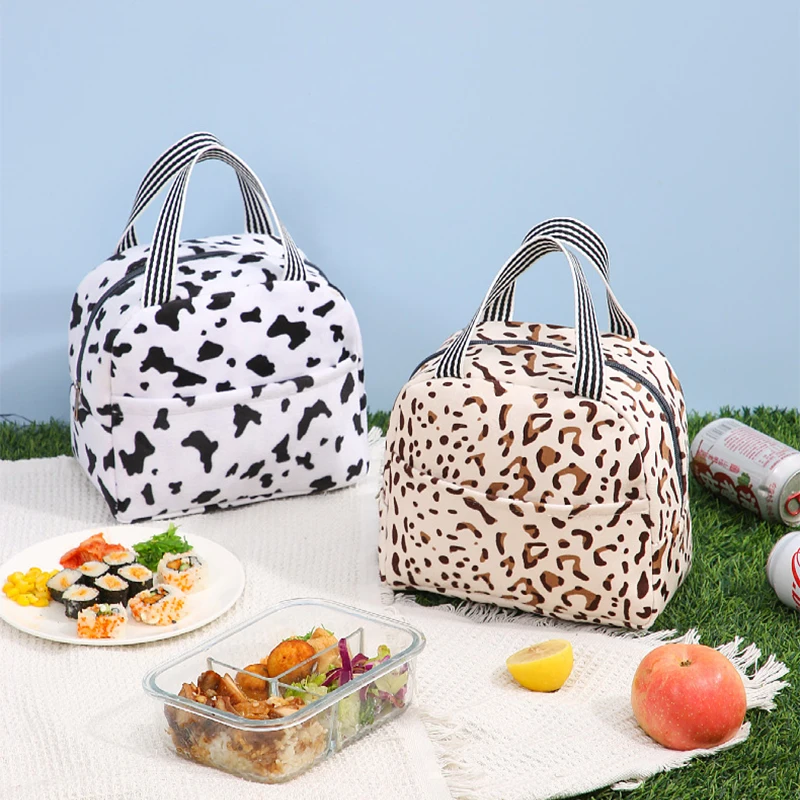 Portable Lunch Bag Women Men Thermal Insulated Lunch Box Leopard Tote Cool Handbag Waterproof Bento Bag Office Student Food Bag