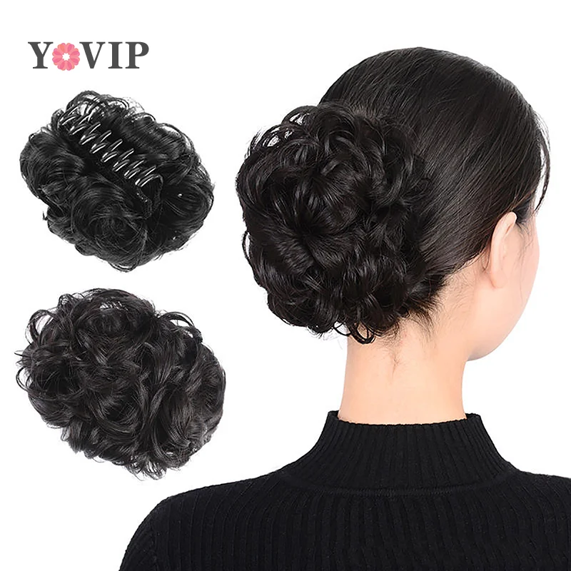 Bloem Knop Hoofd Pruik Klauw Clip In Haarstuk Vrouwen Rommelig Krullend Kort Synthetisch Haar Extensie Chignon Donut Roller Styling Tool