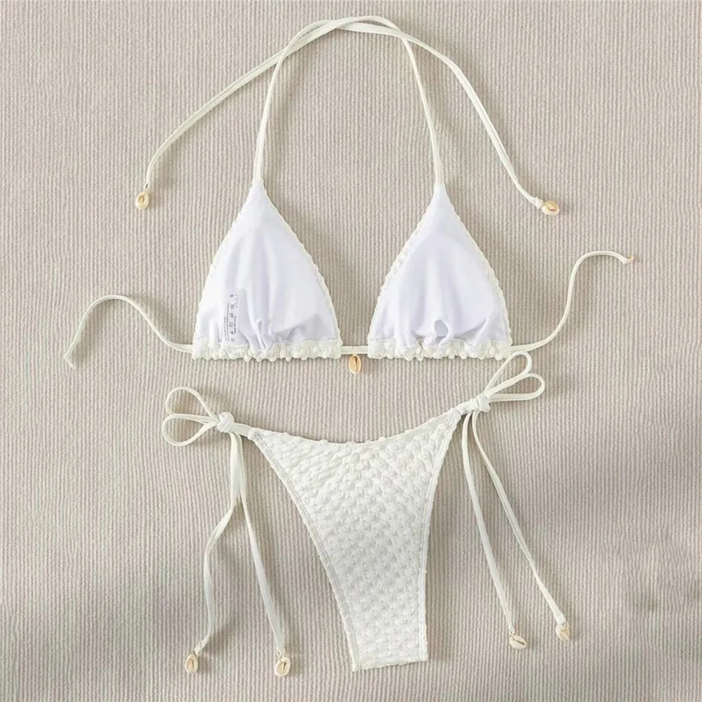 Black String Micro Bikini Thong Sexy Swimsuit Women 2024 Shell Decorate Swimwear Strój kąpielowy Halter Triangle Bikini Set Mujer