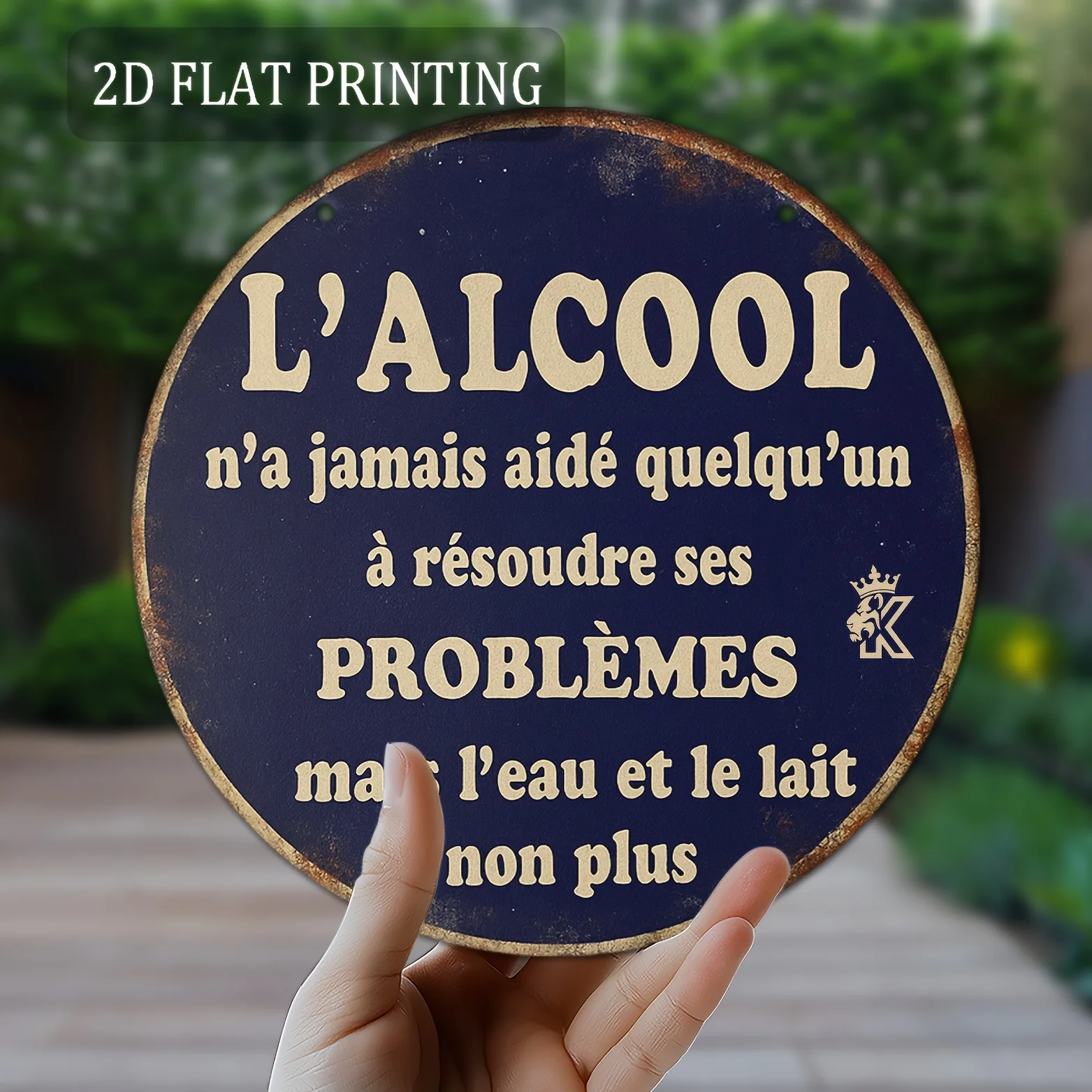 2D Flat – 1 Stück rundes Metallschild mit französischem Vintage-Zitat – 20,3 x 20,3 cm große Aluminium-Wanddekoration, humorvolles Schild mit Alkohol-Themen für Bar, Zuhause