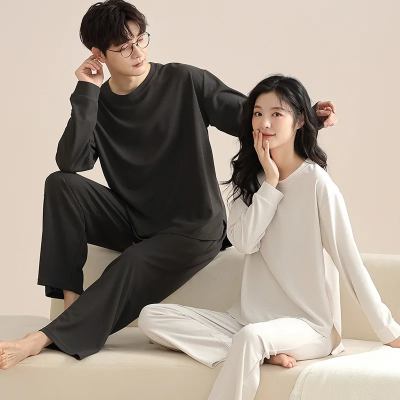 Piyama pasangan baju tidur katun lengan panjang, Set piyama Pullover celana panjang, pakaian tidur Korea longgar