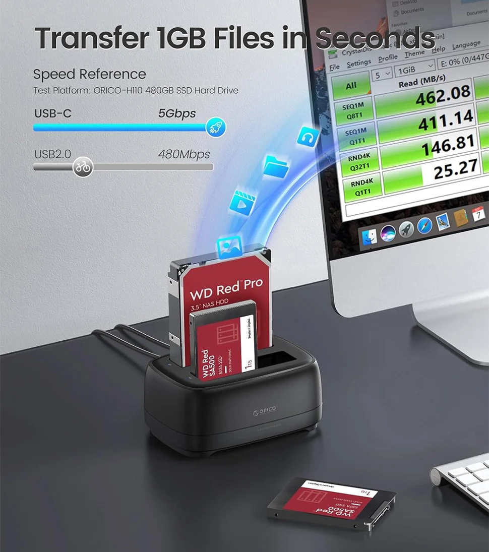 علبة ORICO 2.5 بوصة/3.5 بوصة SATA HDD SSD محطة إرساء محرك الأقراص الصلبة مع 2 حجرة نسخ غير متصلة بالإنترنت USB3.2 Type C حافظة خارجية عالية الدقة
