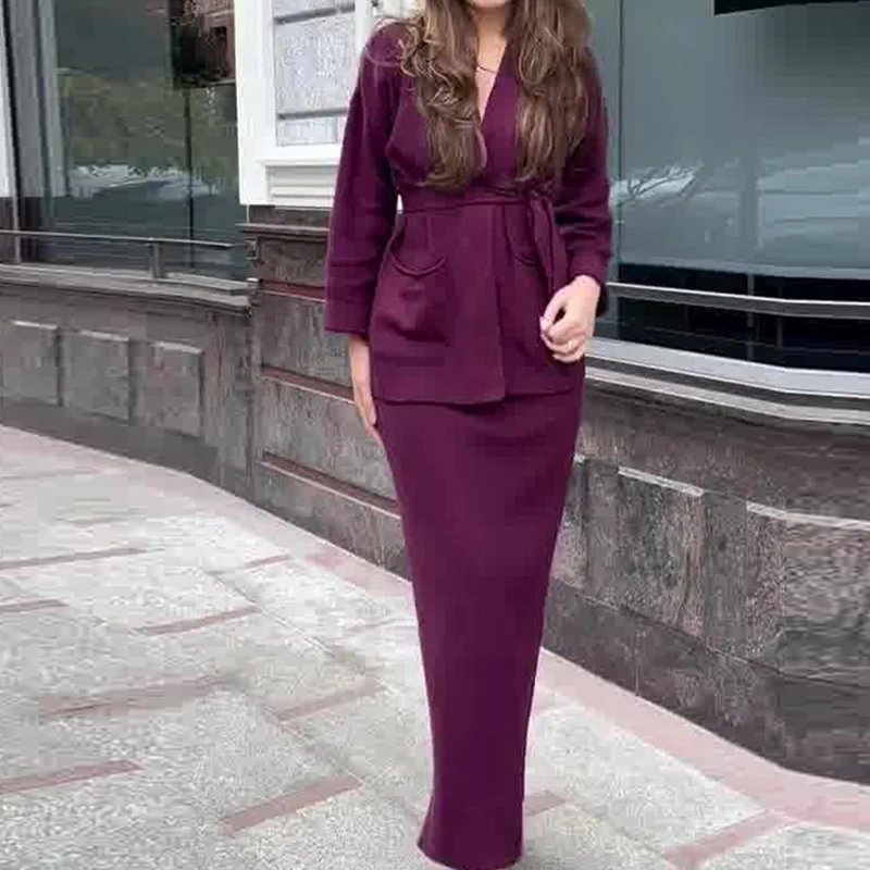 Conjunto de vestidos de manga larga para mujer, cárdigan de punto elegante y falda larga, traje de dos piezas para fiesta y discoteca, traje de punto elegante con cordones para invierno