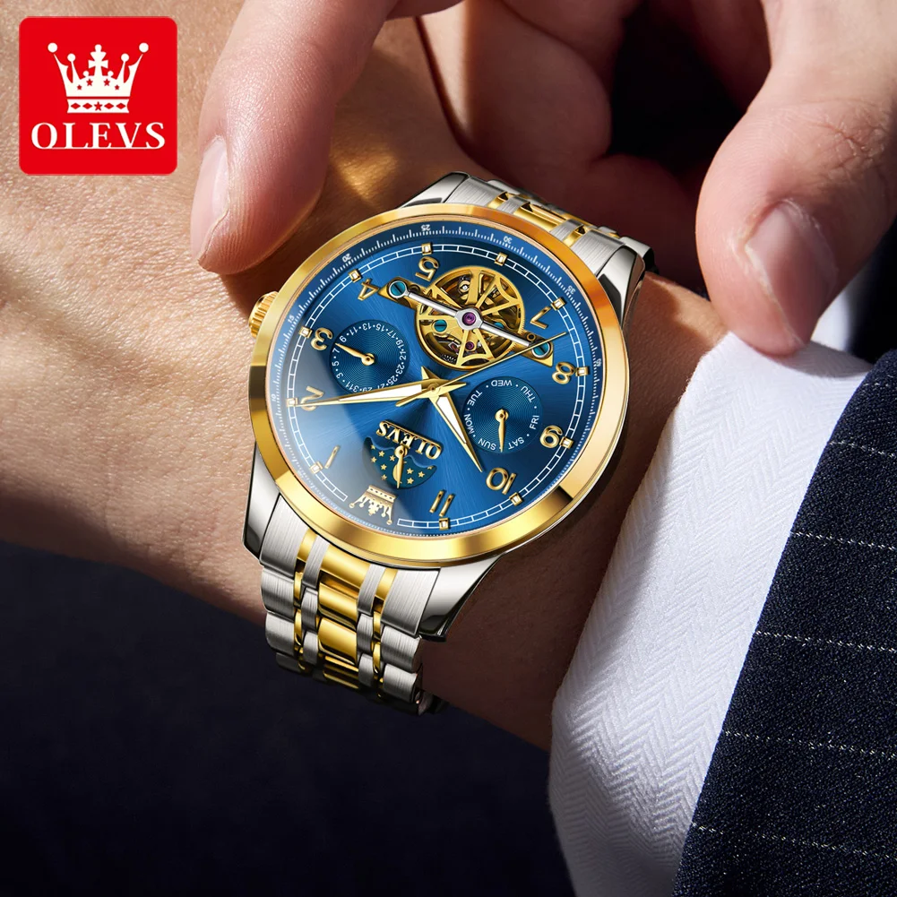 OLEVS 7071 Men Watches Original Luxury Automatic Mechanical Watches For Man Waterproof  Dual Calendar Moon phase Wristwatch New