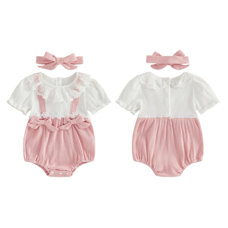 

Летние комбинезоны для девочек 0-18 месяцев с бантом и кружевной отделкой, имитация двух частей, для малышек