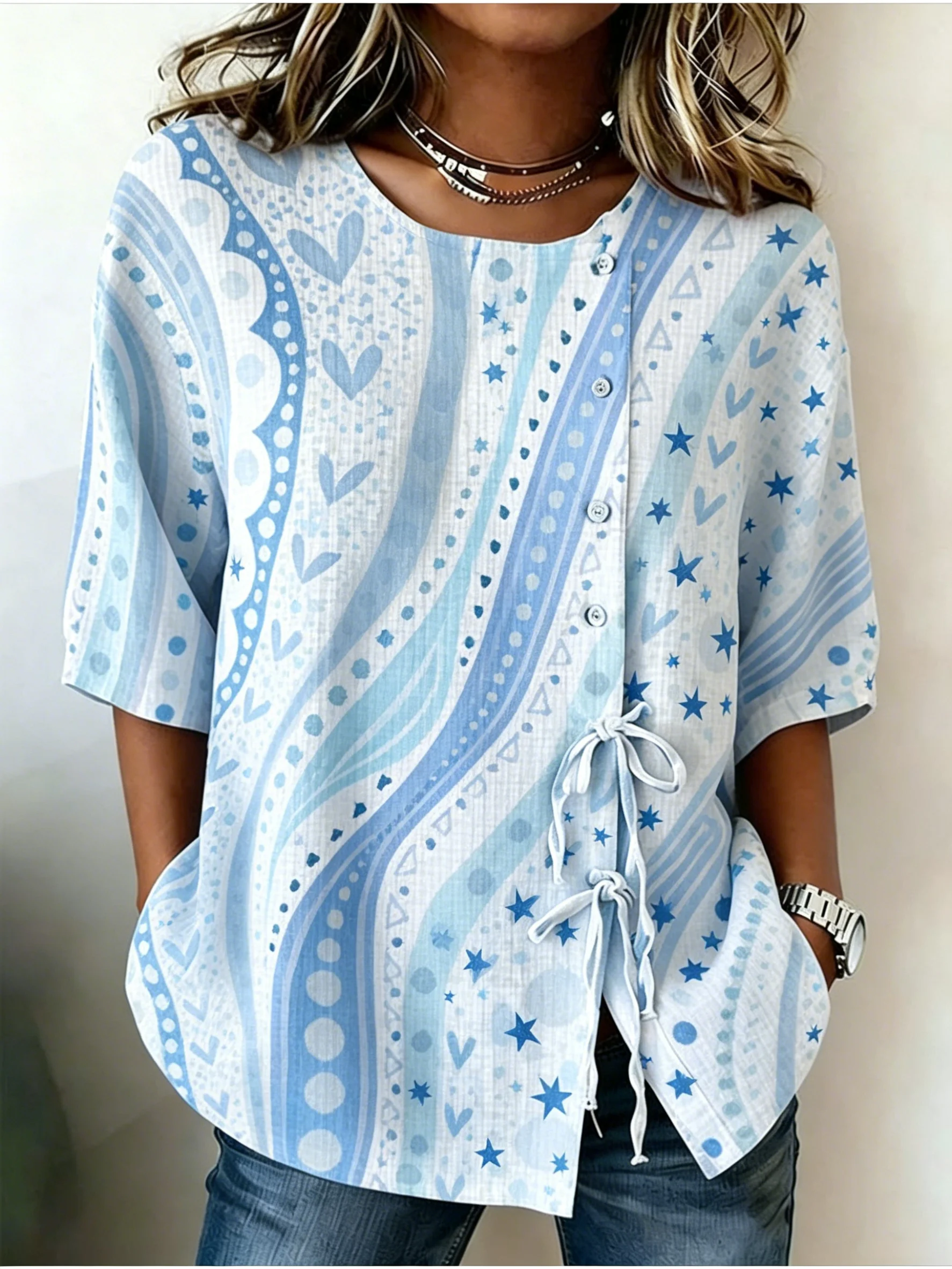 

Women's Blue Star & Heart Print Drawstring Button Up Blouse, Casual Round Neck Tops for Spring Summer Daily Vacation Wear