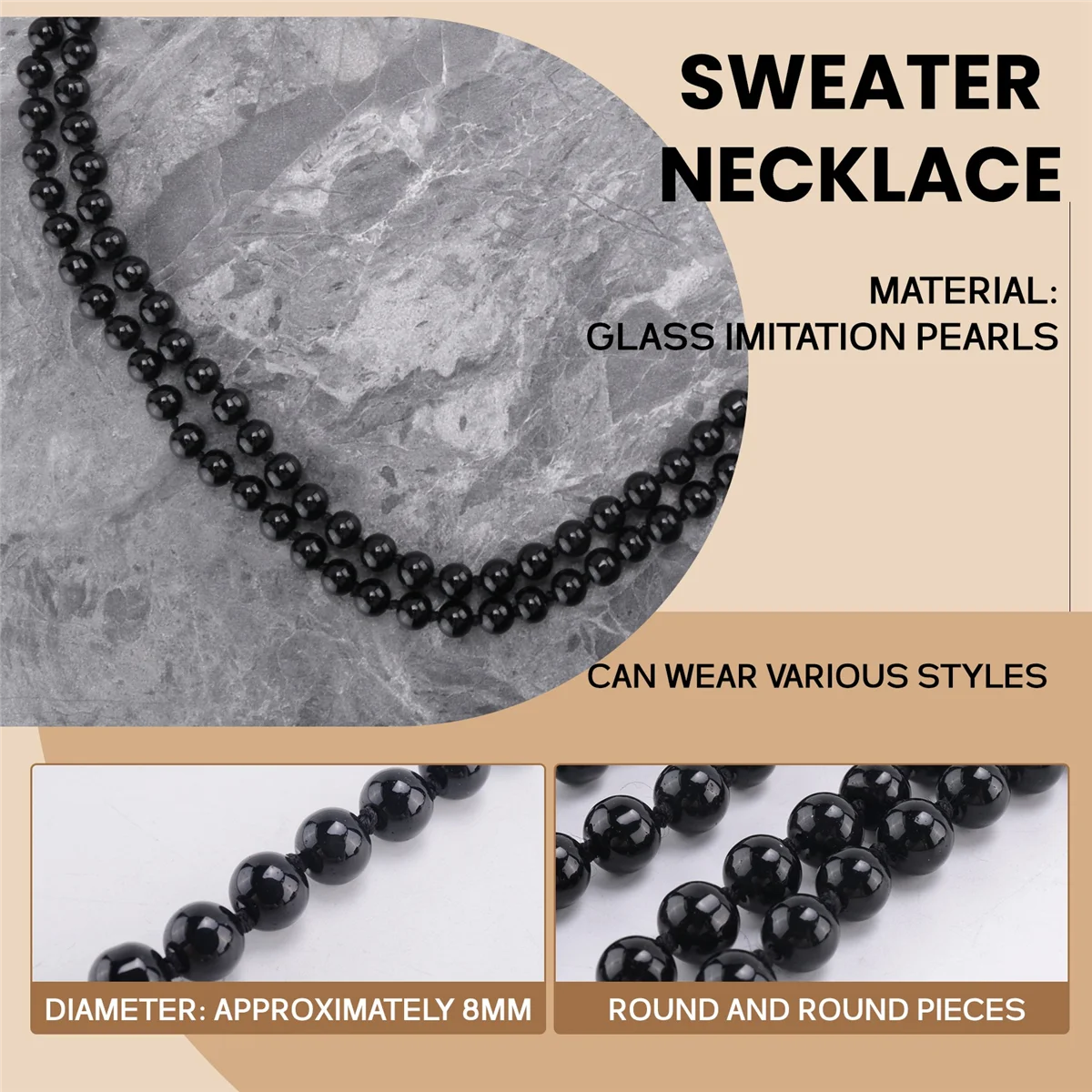 FZFZ ファッション フェイク パール ロング セーター チェーン ネックレス - ブラック