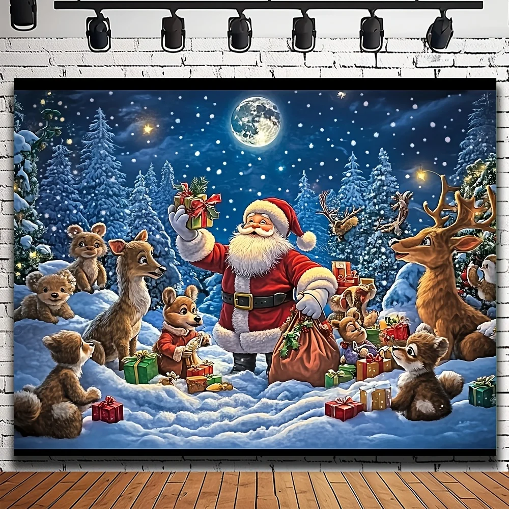 1pc Santa Claus and Reindeer Christmas Tapestry with Snow Scene Elf Deer Decor Christmas Tree Door PartyOrnaments BackdropFabric