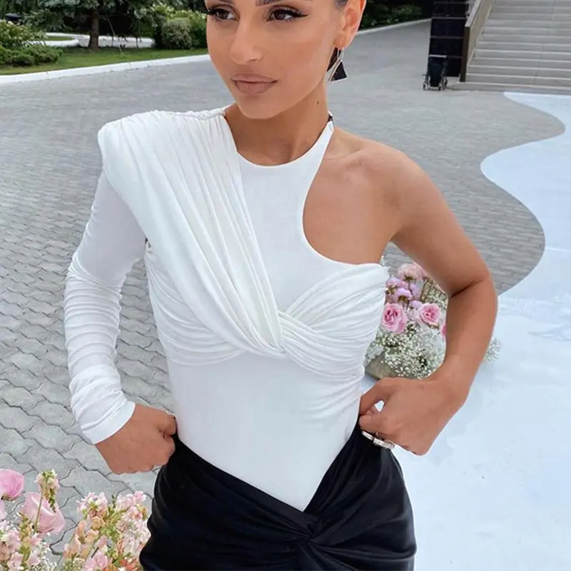 

2025 Summer Slim Club Party Bodysuits High Waist Irregular Bodysuit Sexy Backless Twist Streetwear One Shoulder Long Sleeve Tops