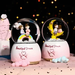 Pink Couple Crystal Ball Snow Globe Home Decorations Ornaments Battery-Powered Resin Base Decoração Para Quarto 스노우볼 Kid Gift