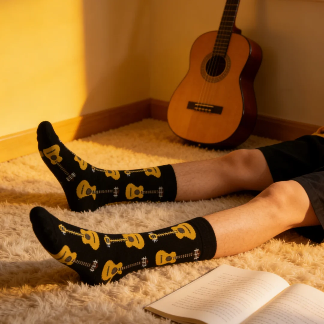

1 pair of mid-calf socks featuring full-print guitar design – trendy and stylish, a must-have for music lovers