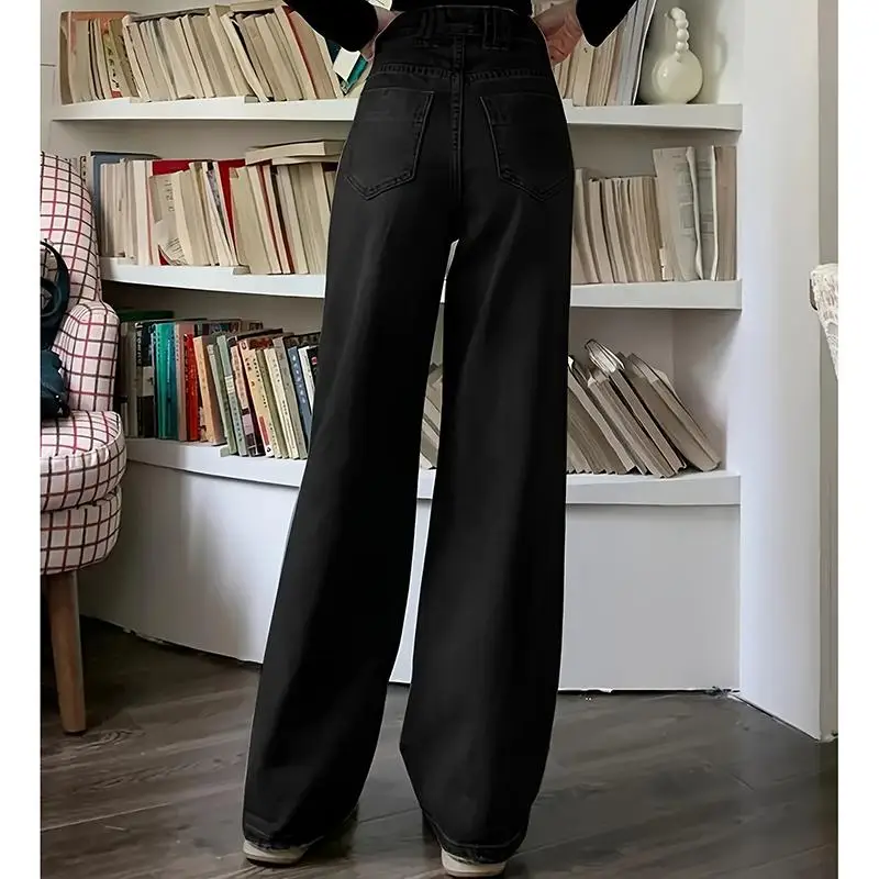 Designer Wide Leg Jeans for Women Classic Gray High Waist Straight Leg Pants with Goth Style