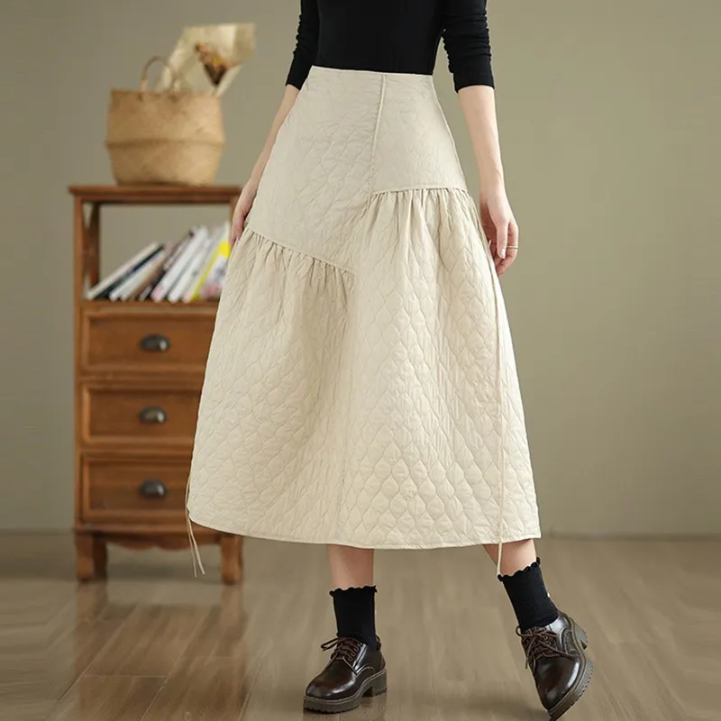High Waist Long Skirt Women New Arrival 2024 Autumn Vintage Style Solid Color Basics Female Quilted Warm Casual Skirts B2019