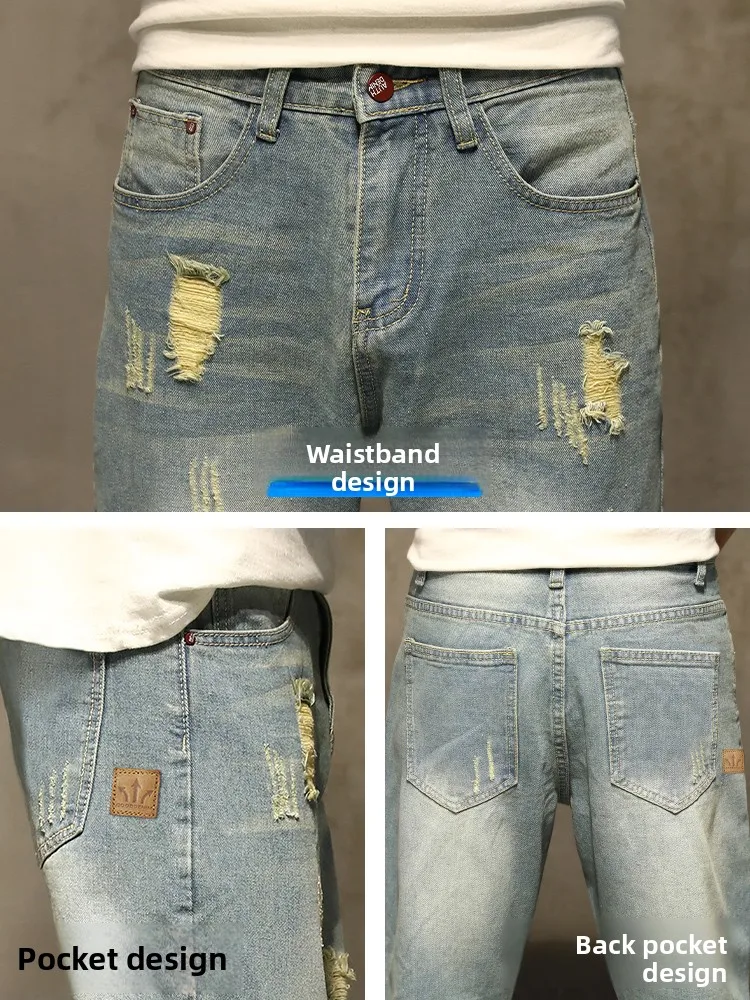 

Summer Thin American Sle Jeans Men's Casual Hole Hole Nine Point Pants Teenage Boys Vintage Summer Jeans Cotton Polyester B...