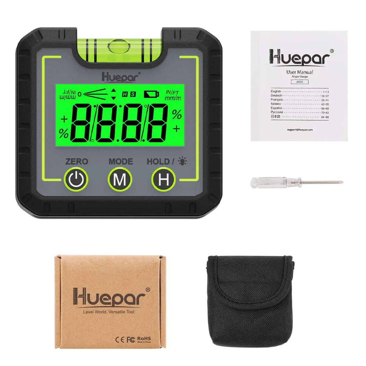 Huepar-medidor de ángulo de nivel Digital, Mini caja de nivel con ranura en V, Base magnética y retroiluminación, inclinómetro de calibre biselado LCD