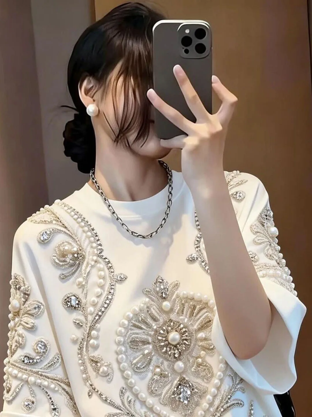  Fashionable T-Shirt Elegant Lightweight Beautiful Summer Top Women's Korean Style Loose Fit Printed Pearl Detail