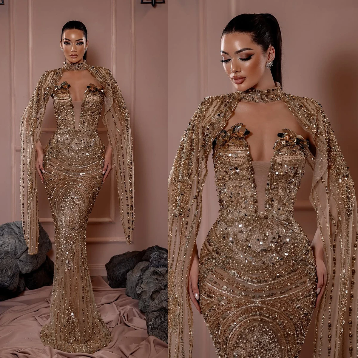 

Luxurious Sequins Beading Wedding Dresses Rhinestone Pearls Strapless Bridal Gowns with Cape Customized Bride Dress