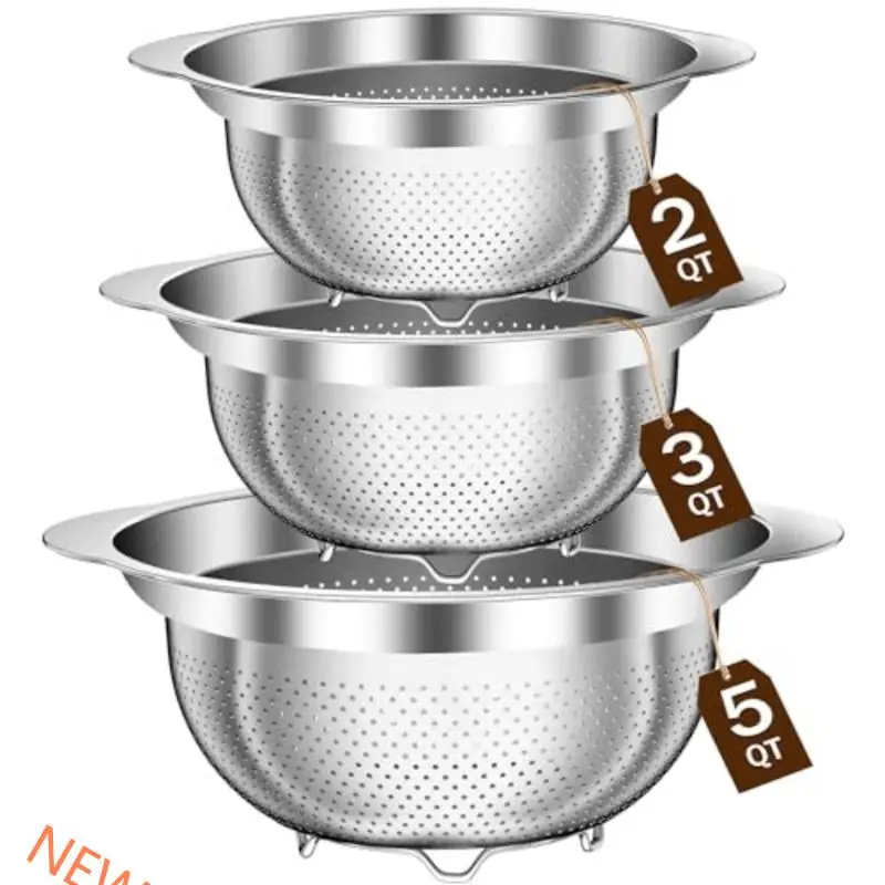 

3 Pack Metal Kitchen Strainer Set For Vegetables And Fruits With Fine Holes Practical Stainless Steel Colander