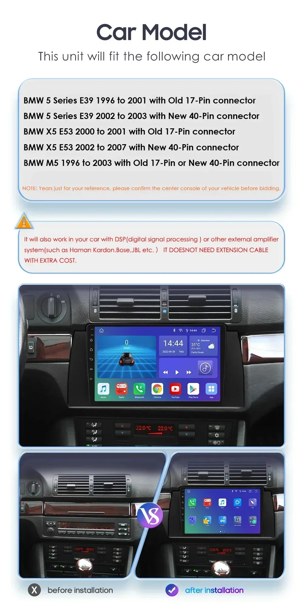 9 بوصة أندرويد 14 السيارات الوسائط المتعددة دعم TPMS Obd DAB RDS اللاسلكية Carplay أندرويد السيارات لسيارات BMW E39 X5 E53 M5 1996-2007