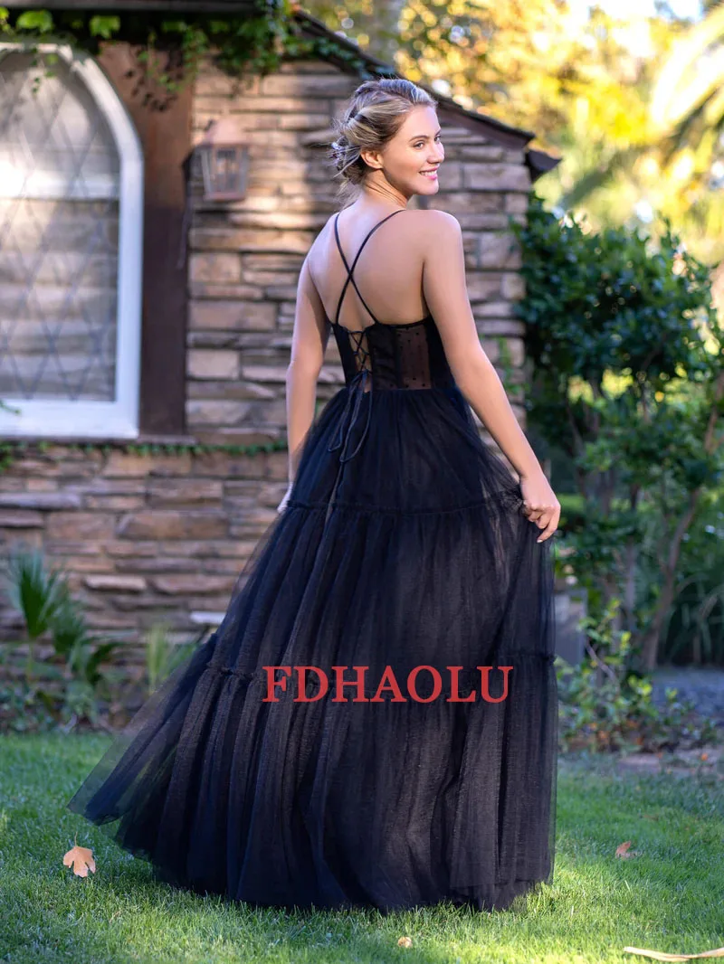 FDHAOLU Black Formal Evening Gowns Polka Dot Party Dress Mid Length Celebrity Graduation Short Prom Dresses