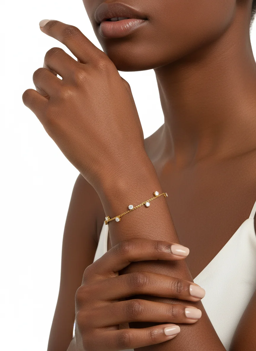 18K vergoldetes Edelstahl-Armband mit Zirkonia-Ketten, modischer, wasserdichter, schicker Schmuck – Detail 4