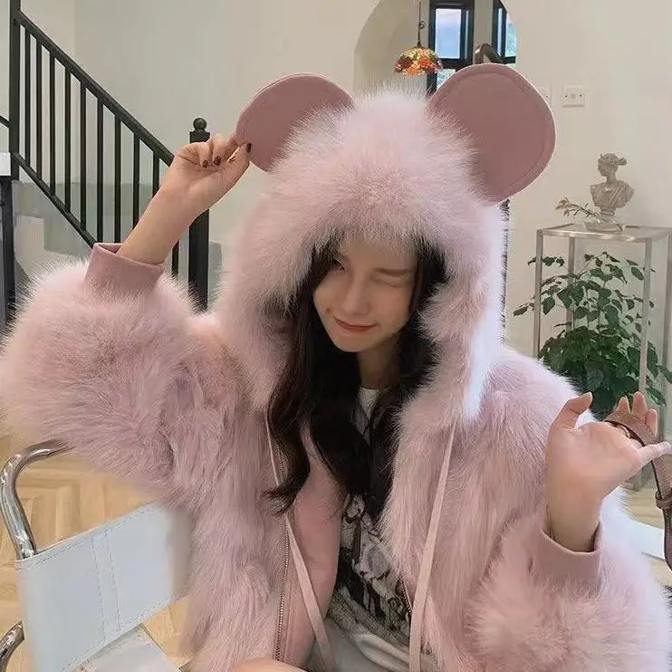 2025 Winter Faux Fox Fur Coat Women Korean Style Short Plush Jacket Rabbit Ear Hooded Trendy Cropped Outerwear
